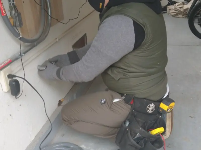 Electrician performing outlet wiring in a Biddeford garage